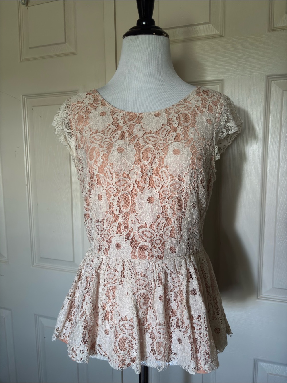 Maeve Ivory and Peach Lace Peplum Blouse